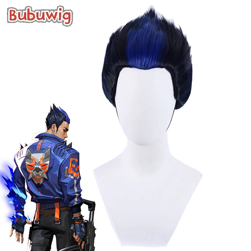 Bubuwig rambut sintetis Yoru Wig Cosplay Valorant Yoru 25cm lurus pendek hitam Campuran biru pria pesta Wig Cos tahan panas