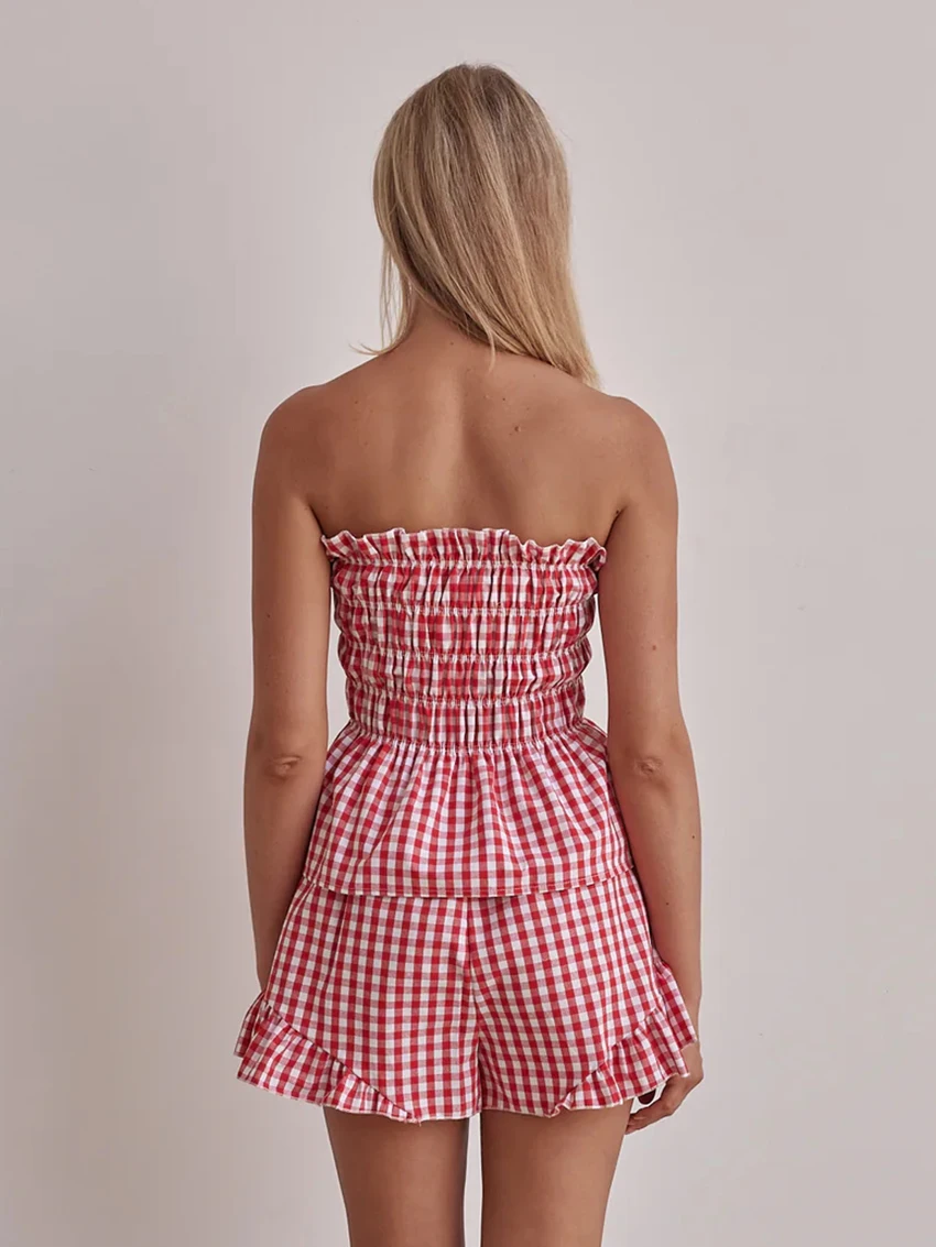 Marthaqiqi Plaid Female Pajama Suit Tank Tops Sleepwear Backless Nightgown Sleeveless Nightwear Shorts casual Home Clothes women