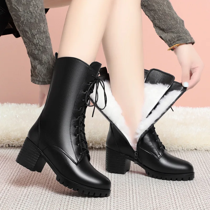 

DIMANYU Ladies Snow Boots British Wind 2025 New Natural Wool Women's Mid-calf Boots Genuine Leather Female Knight Boots