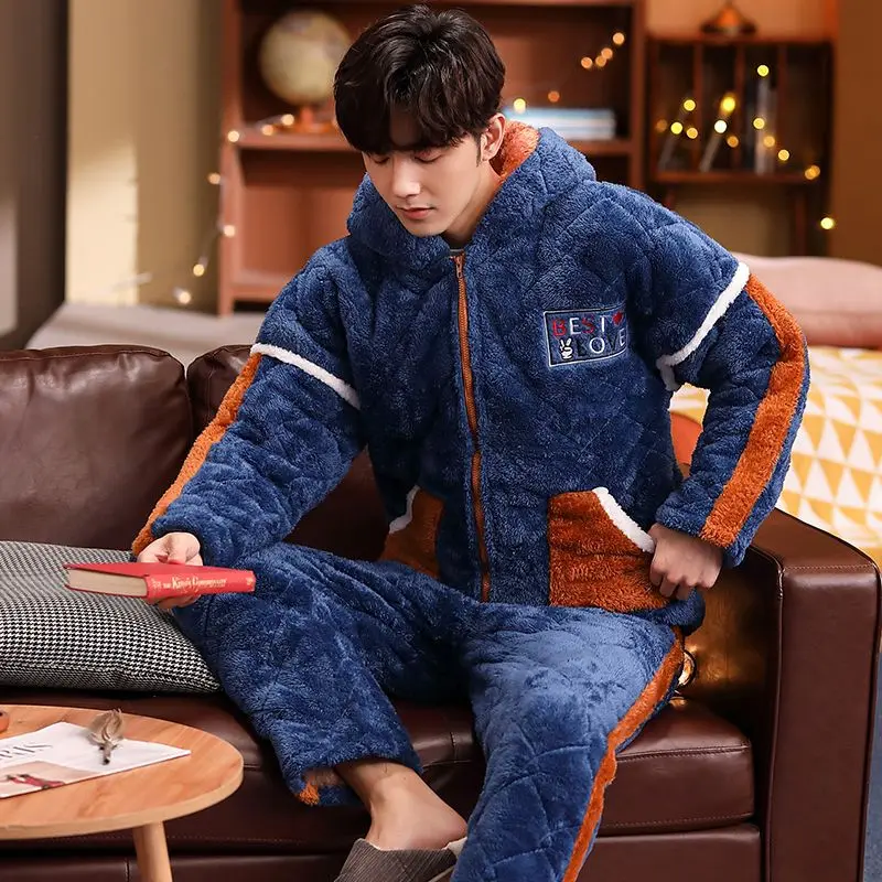 Pyjama d\'hiver en velours pour hommes, vêtements de nuit optiques en peluche, ensemble de vêtements de détente à trois couches, jupe isolante en