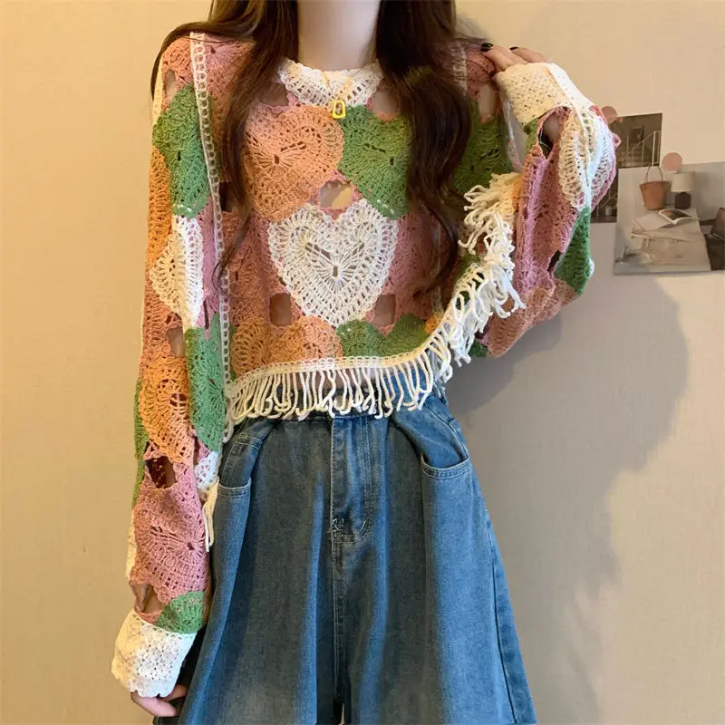 Korean Design Knitted Sweater for Women Spring Autumn New Hollow Hook Flower Tassels Loose Slimming Long Sleeved Top for Women