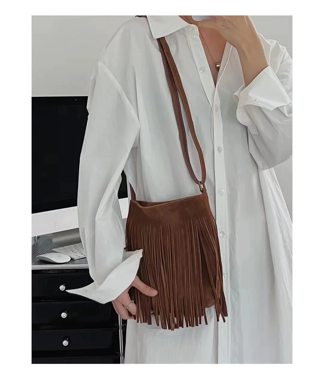 New Genuine Leather Women\'s Bag Bohemian Style Hippie Vintage Tassel One Shoulder Crossbody Bag Nubuck Cowskin Handmade Bags