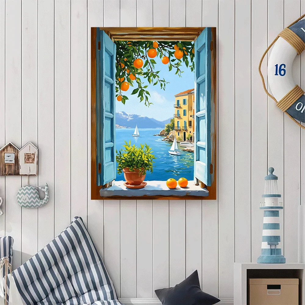 1PC-Canvas poster Unframed  Mediterranean Window View Orange Tree Coastal Landscape Sailboats Seafront Villa Art Print  summer