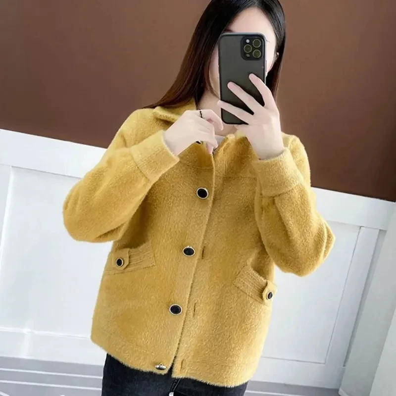 

2023 New Autumn Winter Imitate Mink Velvet Woolen Jacket Women Single-Breasted Warm Short Coat Female Casual Cardigan Sweater