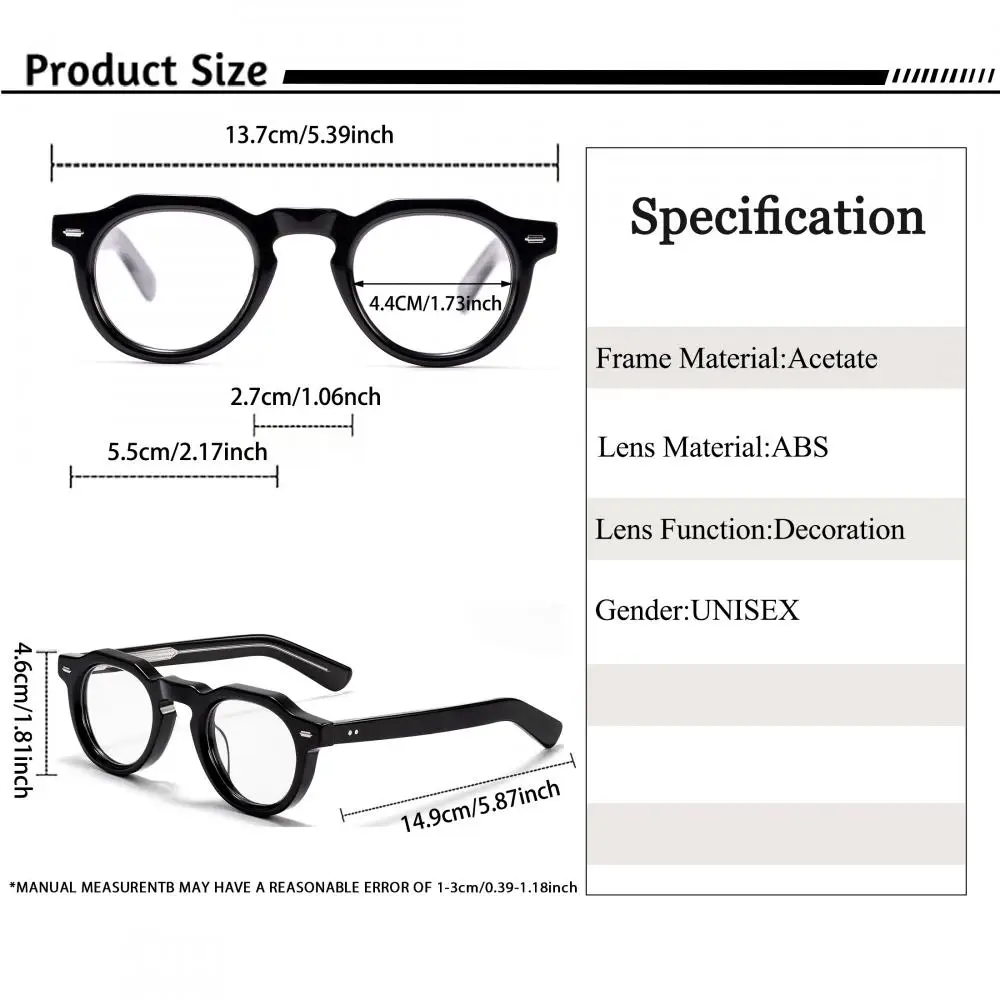 CATERSIDE Neue Retro Herren-Brille mit Flachspiegel, Premium-Acetat, runder dicker Rahmen, Damen-Business-Freizeit-Modebrille – Detail 4