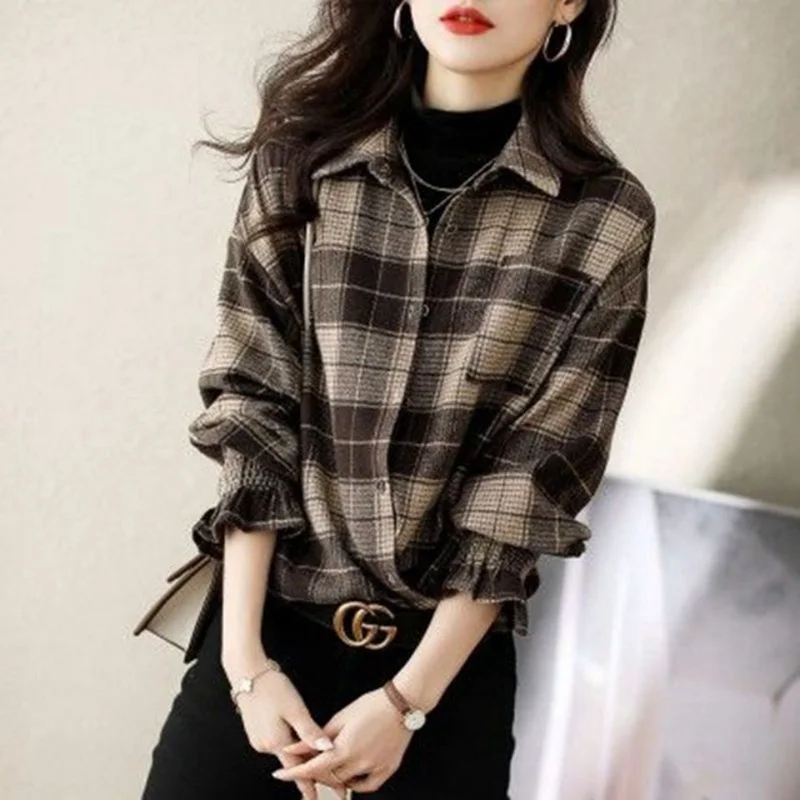 Vintage Printed Princess Sleeve Pockets Plaid Shirt Women\'s Clothing Autumn Winter New Office Lady Tops All-match Casual Blouse