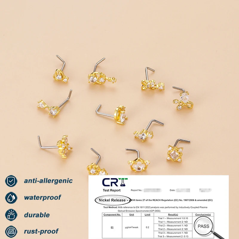 20G L-Shaped Cubic Zircon Nose Stud, Surgical 316L Stainless Steel Nose Lip Ear Piercing Jewelry for Women Girls Trendy view 6