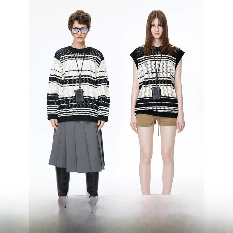 

Loala Office Women's Casual Sle round Ne Knitted Sweater Color Blo Striped Hollow out Design Polyester Fiber Top