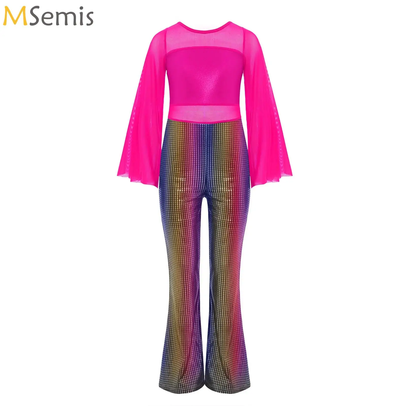 

Kids Girl Jazz Dance Costume Disco Party Latin Dancewear Metallic Bell-Bottom Jumpsuit for Carnival Theme Party Performance