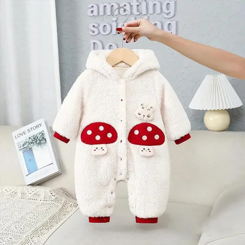 

2024 Baby Girl Fashion Romper Newborn Cute Mushroom Children Jumpsuit Hooded Thickened Warm Kids Long Sleeves Boutique Clothes