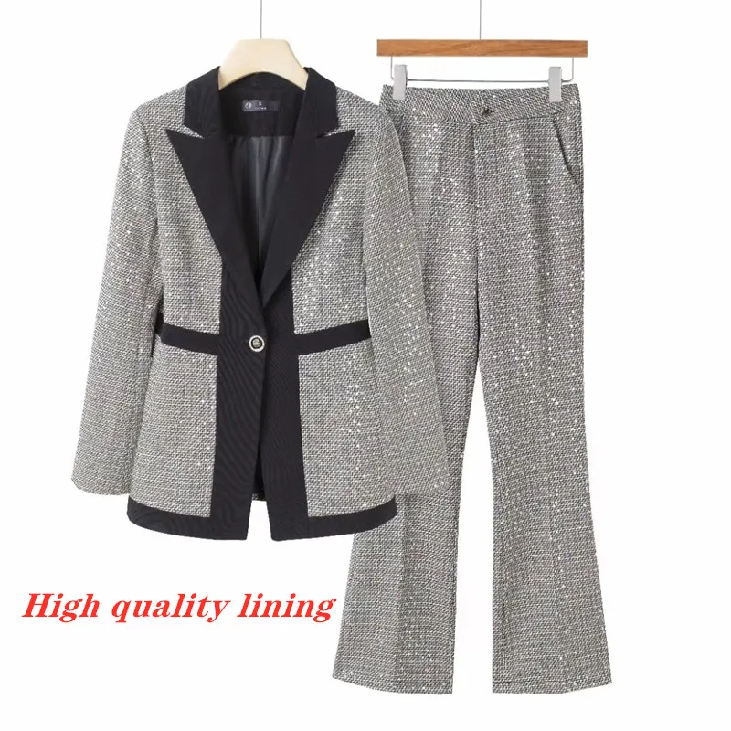 Spring Color Contrast Patchwork Jacket Blazer Wide Leg Pants Two-piece Elegant Women\'s Pants Suit Korean Style Office Outfits