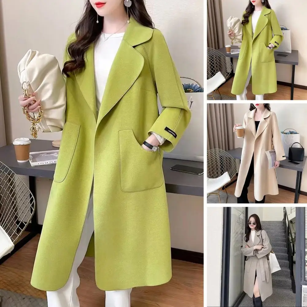 

Trench Coat Stylish Mid-length Women's Overcoat with Turn-down Collar Open Stitch Pockets Soft Warm Thick Fabric for Fall Winter