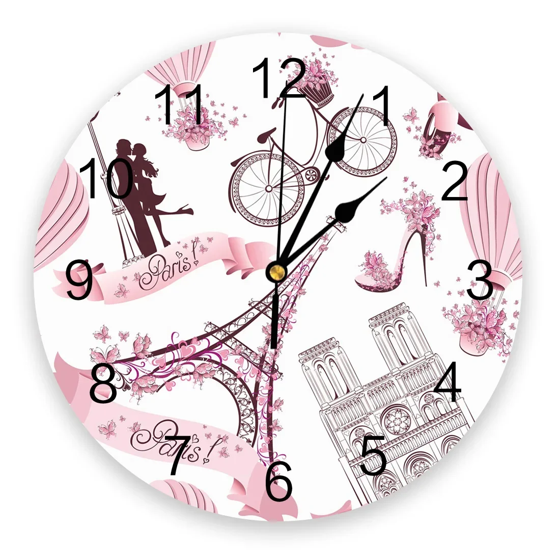 Pink Eiffel Tower High Heels Flower Hot Air Balloon Round Wall Clock Hanging Silent Clock Home Interior Bedroom Room Decor