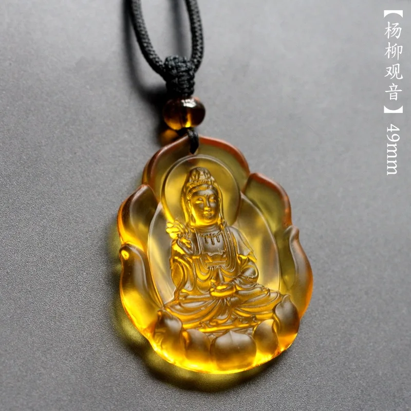 Chinese Style Lucky Blessing Amber Color Liuli Willow Guanyin Pendant Necklace Nanhai Avalokitesvara Patron Saint Amulet For Goo