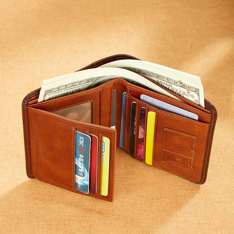 Leather men's wallet, fashionable retro style card holder, multifunctional short wallet card bag