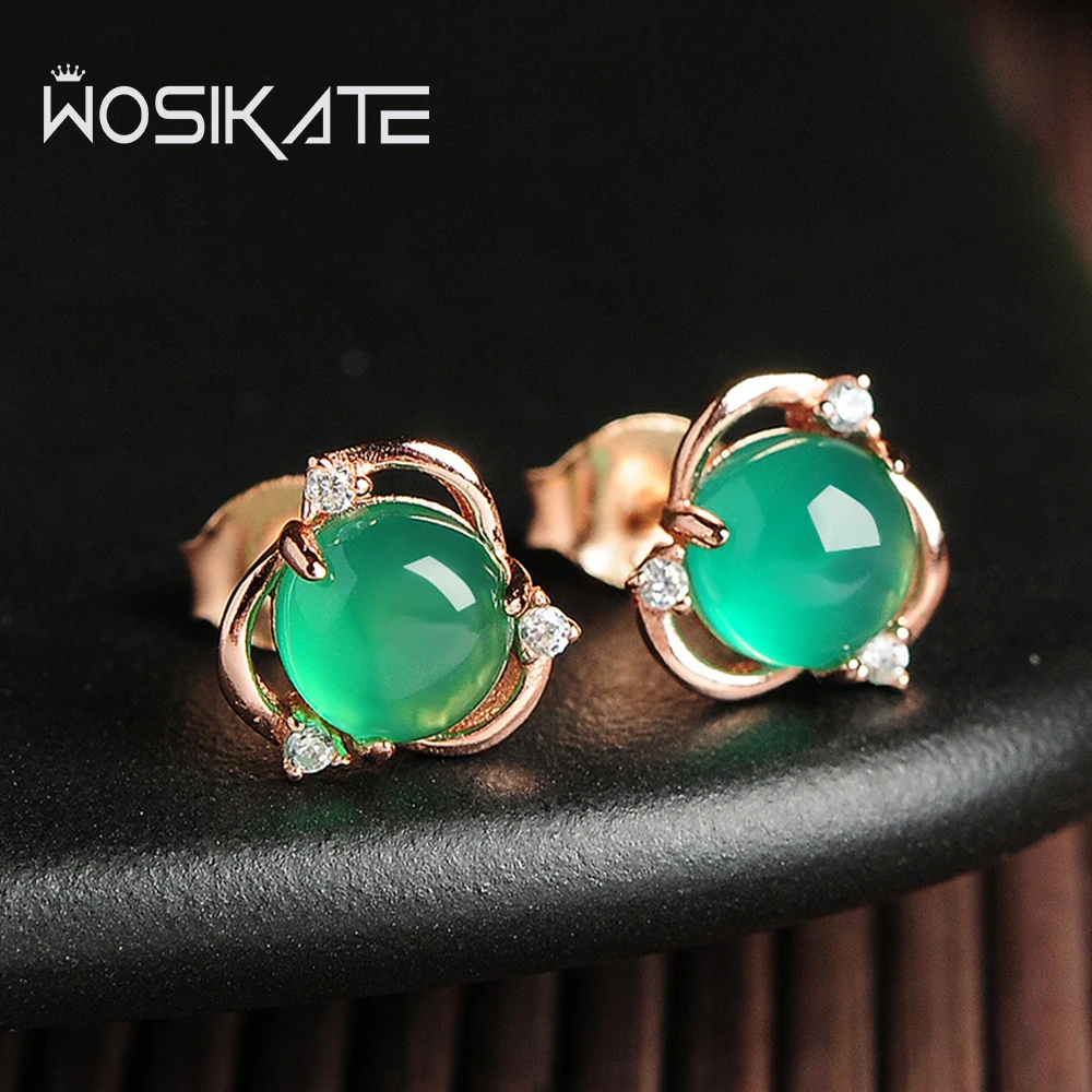 

WOSIKATE Korean 925 Sterling Silver Rose Gold Plated Chrysoprase Earrings For Women Green Agate Stud Earrings Fashion Jewelry