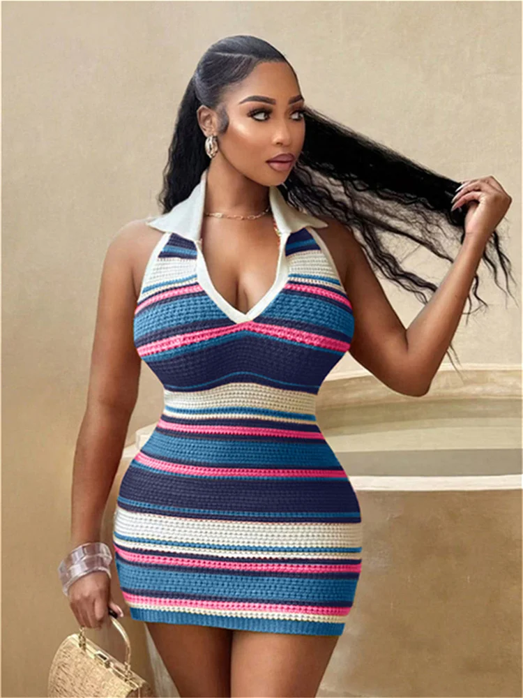Weird Puss Crochet Stripe Patchwork Dress Women Halter Polo-Neck Backless Sleeveless Skinny Peach Hip Sexy Fashion Mini Bodycon