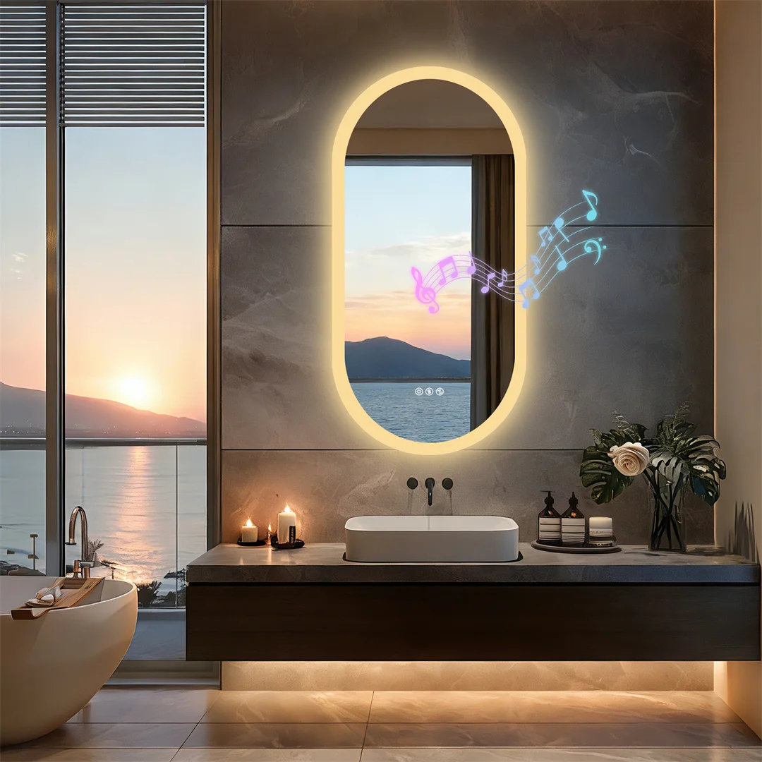 Smart Bluetooth Bathroom Mirror,Tempered Glass Lighted Bathroom Mirror with Double NdFeB Speakers,Wall LED Backlit Vanity Mirror