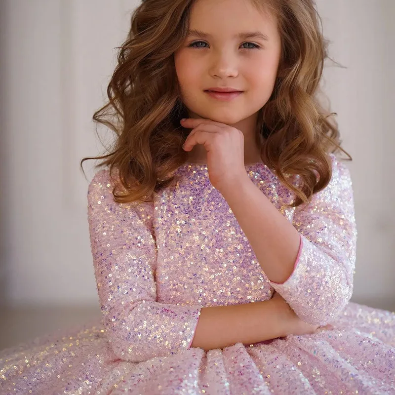 فستان رسمي لعيد الميلاد للأطفال - فستان الأميرة الأنيق من التول بأكمام طويلة مع ترتر وردي أحمر الخدود مع فيونكة