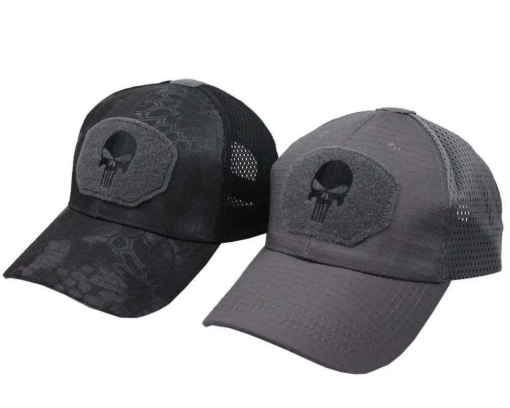 Tarnfarbene Baseballkappe mit Netzstoff, Atmungsaktive Spezialeinheiten Taktische Tarnmütze, Totenkopf-Entenschnabel-Schirmmütze – Detail 5