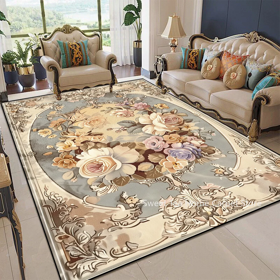 European Carpets Living Room Pastoral Flower Home Rug Large Bedroom Luxury Pattern Floor Mat Washable Non-slip Entryway Door Mat