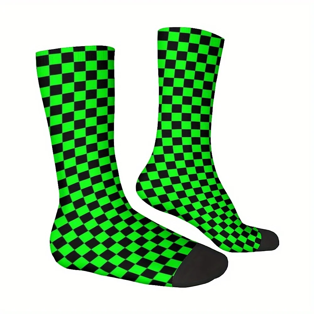 1 Pair Unisex Crew Socks, Harajuku Seamless Print, Fun Novelty Checkered Pattern, Polyester 95% Spandex 5%, Hand Wash