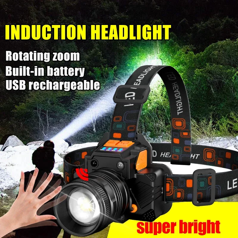 Super Bright T6 LED Sensor Headlamp Built-in Battery USB Rechargeable Rotary Zoom Head Flashlight For Outdoor Camping Fishing