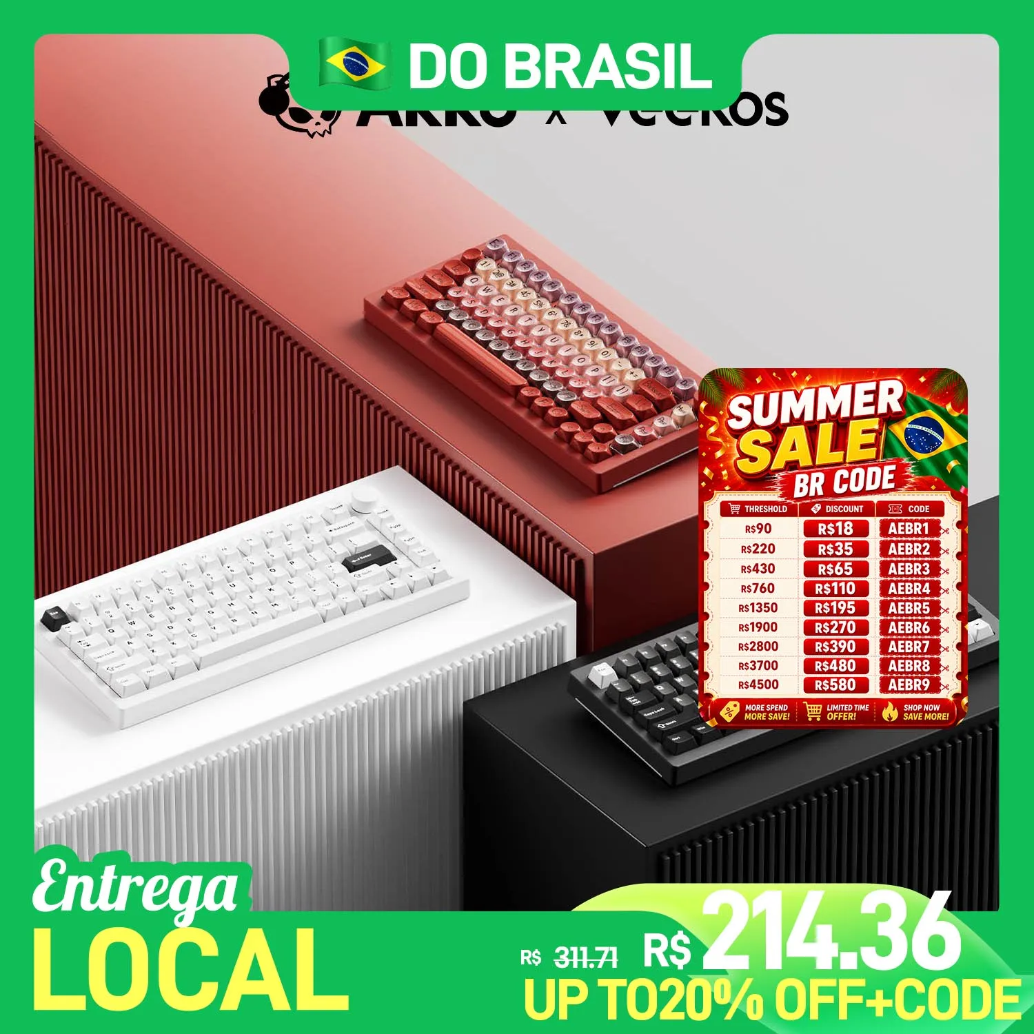 Teclado Mecânico com Fio Akko x Veekos 5075S/K75 75% ANSI US Hot-swappable RGB com Keycaps MOA/Cherry, Teclado Gamer Tipo-C com Gasket