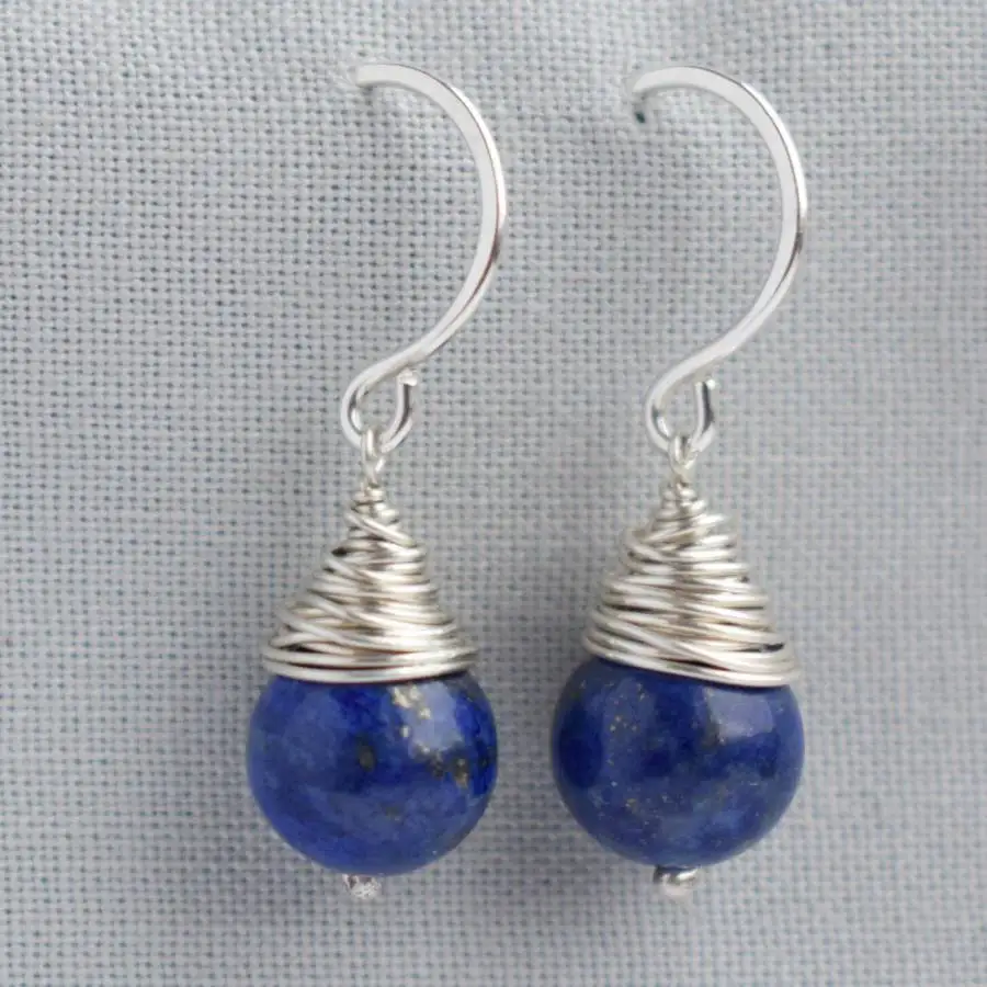 Women Wire Wrapped Round Lapis Lazuli Dangle Earrings Silver French Hook Drop Earrings Vintage Boho Natural Stone