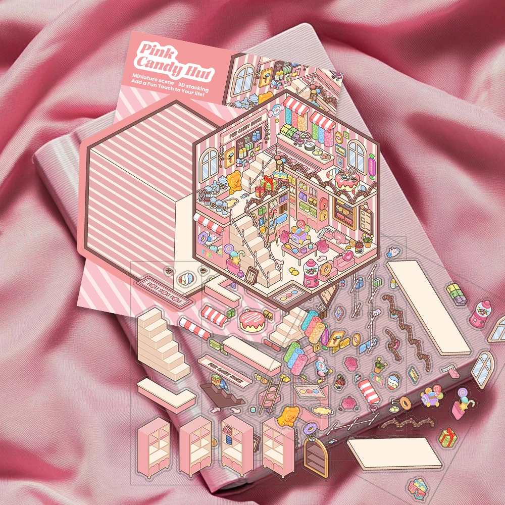 1Set DIY 3D Rosa Candy Shack Miniatur Aufkleber Machen Szenen Warme schöne Aufkleber Visuelle Stapeln Relief Stress Durchgang Die Zeit