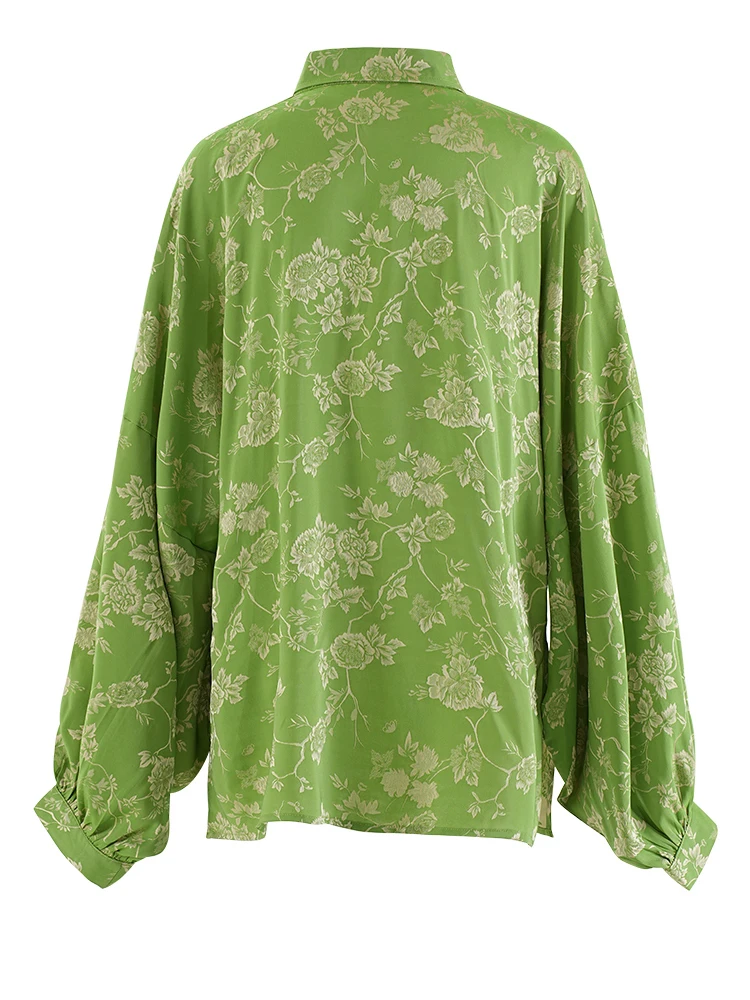 [EAM] Women Green Textured Printed Big Size Vintage Blouse New Lapel Long Sleeve Shirt Fashion Tide Spring Autumn 2024 CPG1937