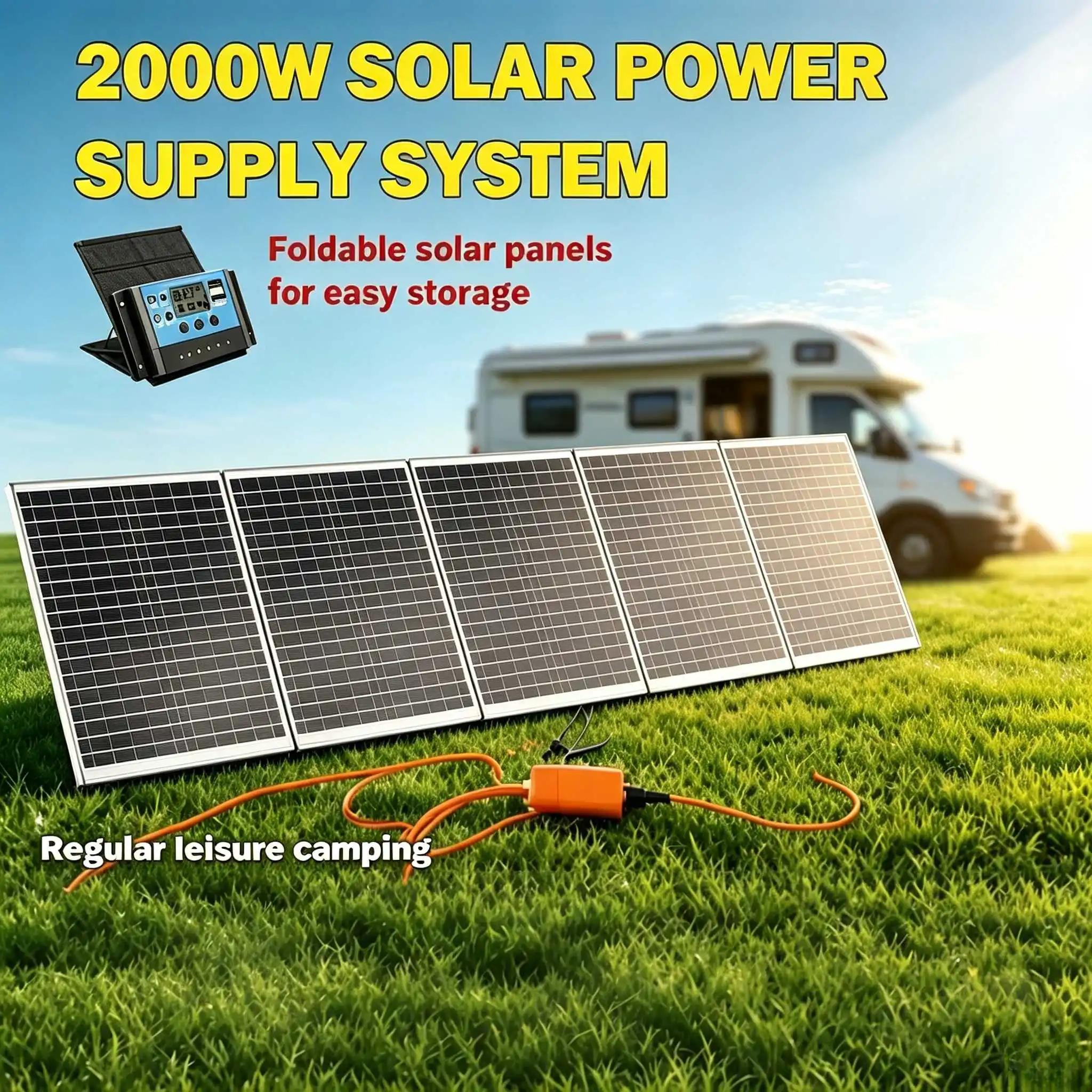2000W 12V Solar Power System, Aluminum Alloy Solar Panel for RV Camper Van Outdoor Camping Off‑Grid Power Supply