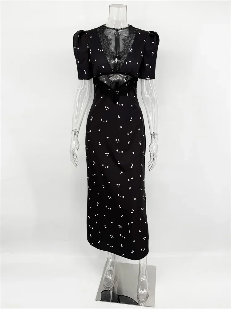 Dot V-Neck Lace Long Dress For Women Hollow Out Slim Short Sleeve High-Waist Contrast Patchwork Female Bodycon Maxi Dress