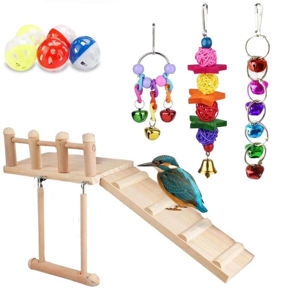 

9 PCS Bird Perches Platform Swing Bell Toys with Climbing Ladder Birds Toys Cage Accessories for Cockatiels, Lovebirds, Pacific Parrotlets, Chinchilla, Hamster Play Gym Exercise Stand