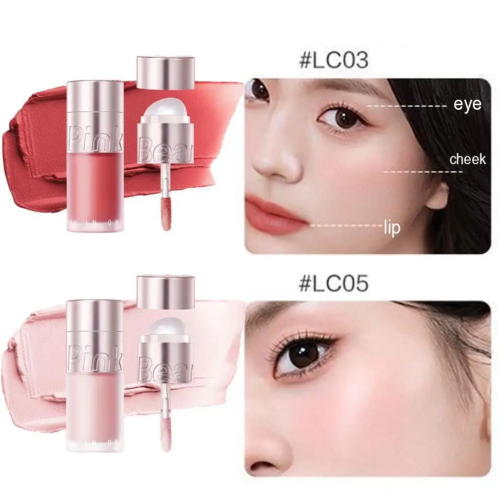 PINK BEAR-crema de maquillaje para labios, lápiz labial mate multiusos, colorete en polvo con su propio pincel labial, cosméticos de larga duración