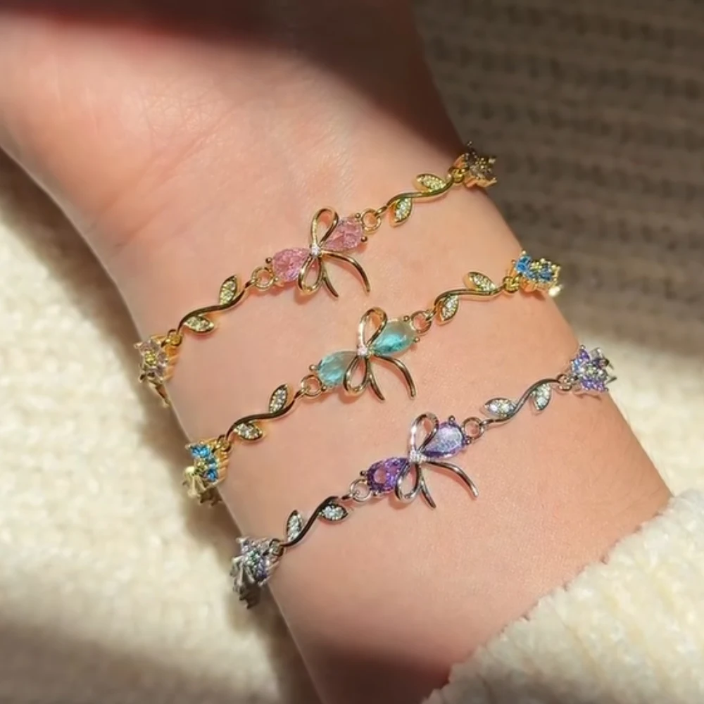Luxuriöses buntes Zirkon-Blumenarmband für Frauen und Mädchen, Schleife, süße goldfarbene Kristalle, verstellbares Armband, Schmuck, Geschenk