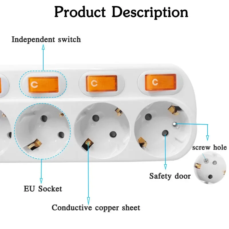 Power Strip EU Plug Extension Socket 16A 250V 3/4/5/6Ways Outlet Surge Protector 1.5Meter Cord