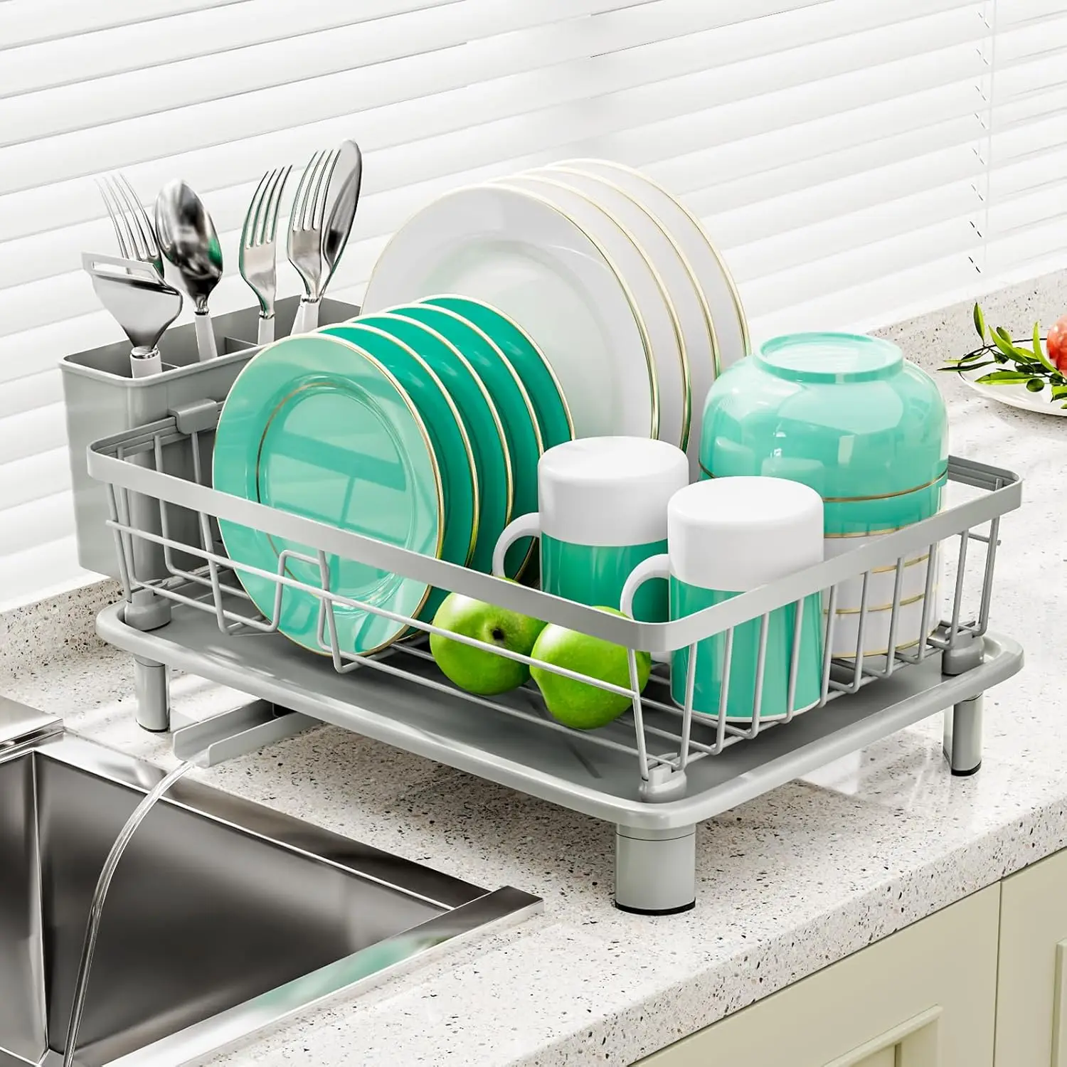 

Small Space-Saving Dish Drying Rack with Cutlery Holder, 11''W x 15''L, Gray