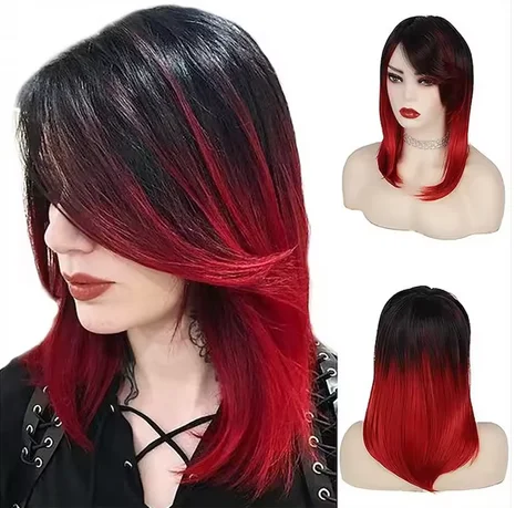 Synthetic Hair Women Ombre Black Red Wig Medium Long Straight Side Part Wigs