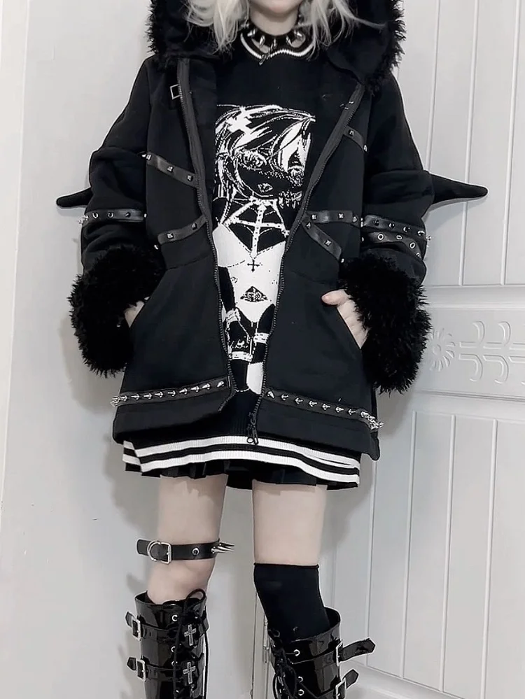 Y2k Vintage เสื้อกันหนาวเสื้อ Cardigan ผู้หญิง Rivet Patchwork Black Gothic Hoodies Coat ปีศาจปีก Punk ความงาม Grunge แจ็คเก็ต