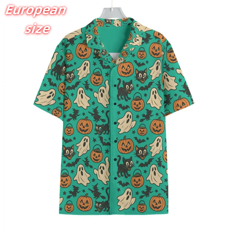 

Cat Pumpkin Bat Pattern Hawaiian Shirt For Men Ghost Halloween 3D Printed Blouse Summer Short Sleeve Lapel Tops Aloha Shirts