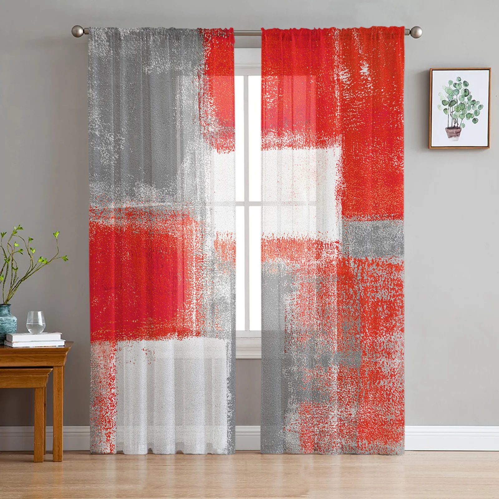 

Red Grey White Oil Painting Abstract Geometric Sheer Curtains for Living Room Decor Window Curtains Kitchen Tulle Voile Curtains