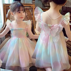 New Summer Cute Girls Princess Dress Gradient Rainbow Butterfly Decoration Mesh Dress For Girls Kids Party Prom Gown Clothes