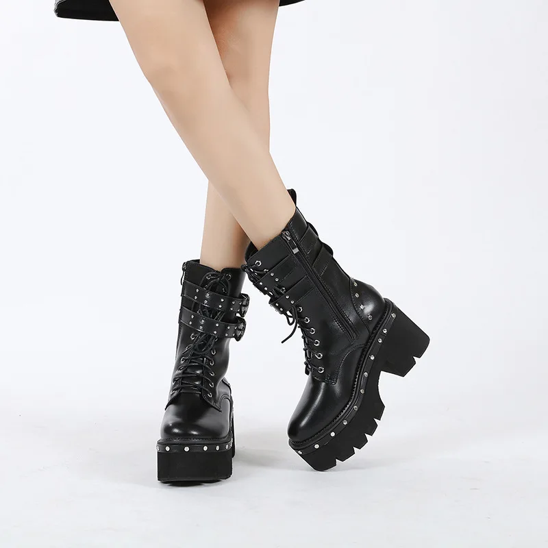 Winter Gothic Punk Womens Platform Boots Black Buckle Patent leather Creeper Wedges Shoes Mid Calf  Boots