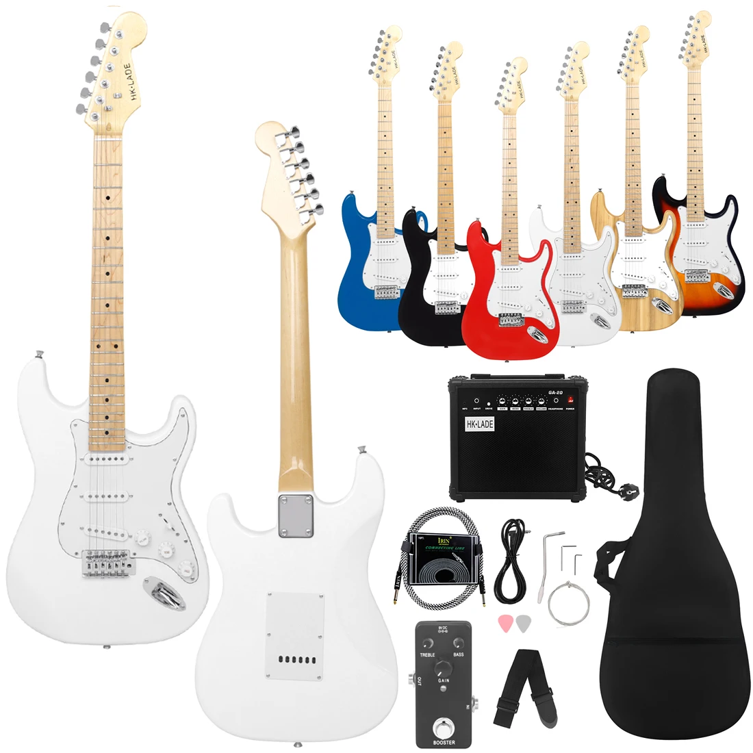 HK-LADE White ST Electric Guitar Set Maple Fingerboard Electric Guitar Set with Sound Bag Strap Plectrum Strings Amplifier Parts