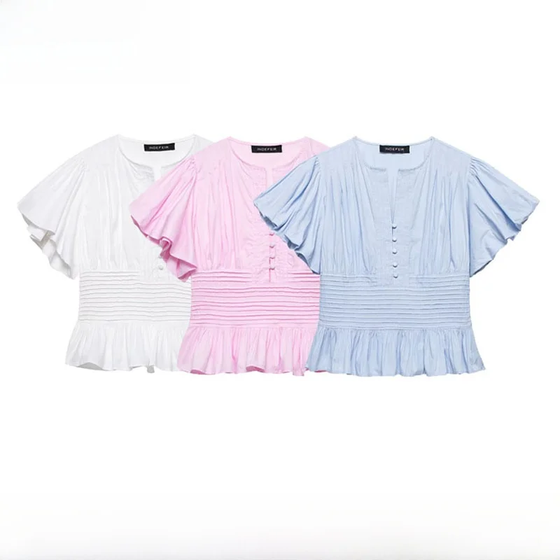 Fashionable Bubble Sleeve Shirt Women's Decorative Hemline New Arrival Spring Summer Polyester Fiber round Neck Short Sleeve