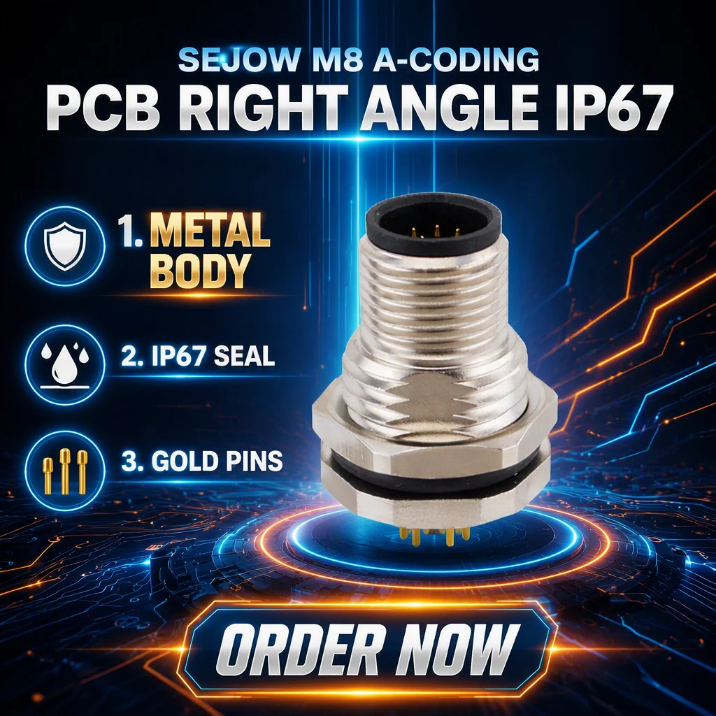 Sejow M8 DIN Male/Female PCB Right Angle IP67 Waterproof 4P Brass Contact Nylon/PC/Aluminum Housing IEC61076 Terminals