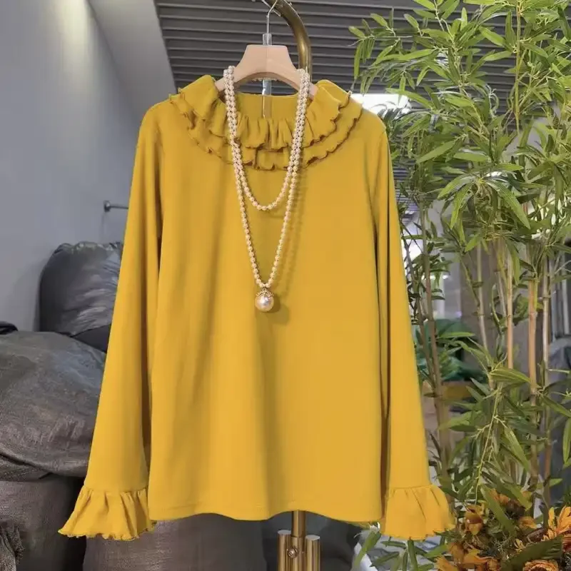 

Женская милая футболка с рюшами и расклешенными рукавами, весенне-осенняя новая офисная футболка с длинными рукавами