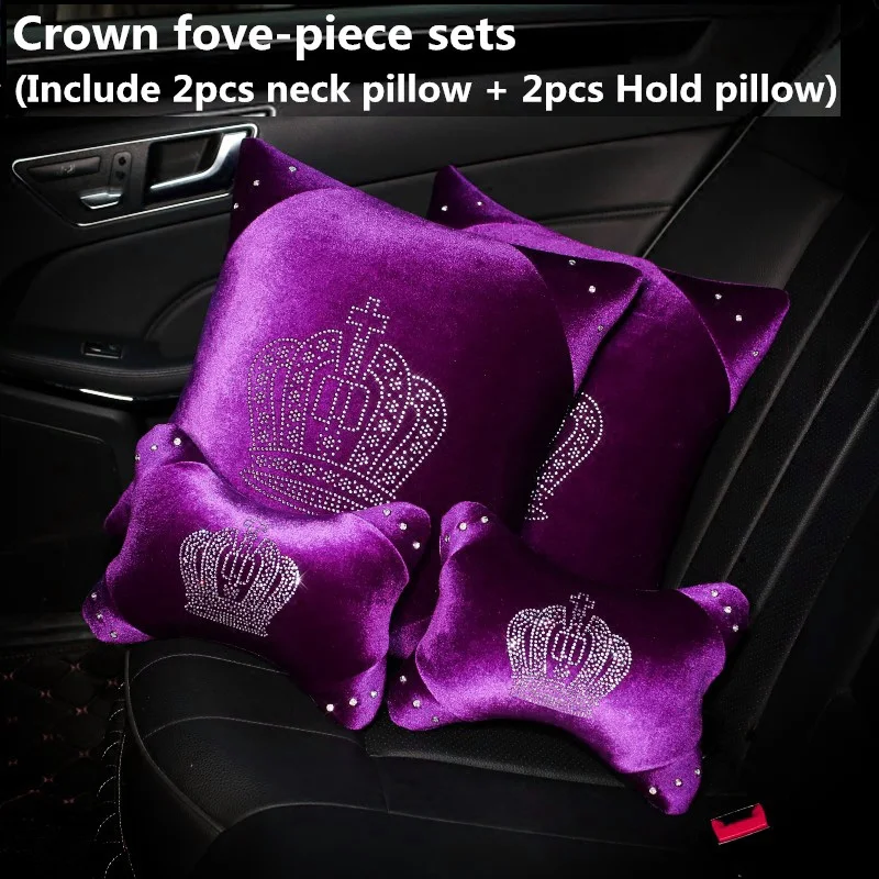 Purple Crystal Crown Car Seat Interior Accessories Short Plush Auto Neck Pillow and Waist Support Cushion Auto Decrotion
