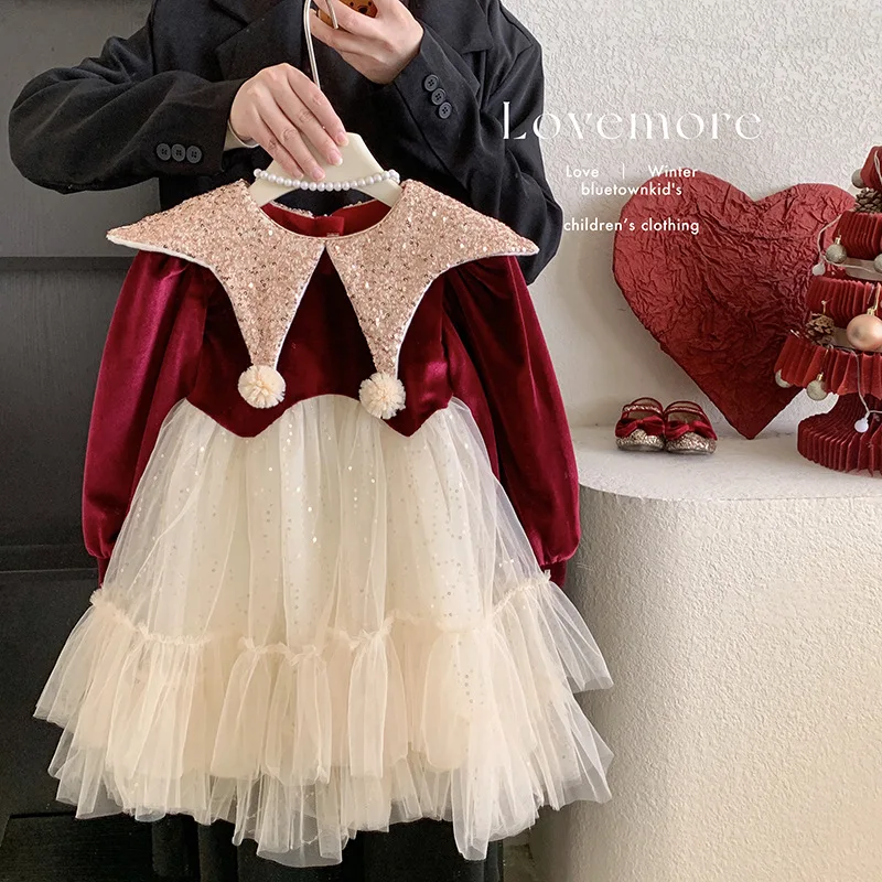 2024Girls' Winter Fleece-lined High-Grade Tulle Tutu Skirt Western Style Birthday Dress Christmas Princess Dress